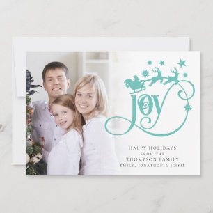 Joy Teal Santa Sleigh Script Photo jul Julkort