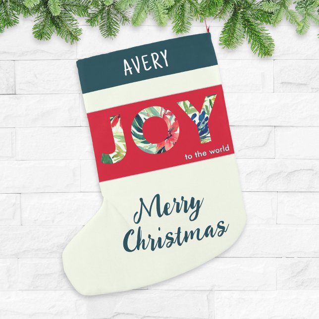 Joy till världens lyckliga moderna liten julstrumpa (A personalized, festive Christmas stocking, with 'Joy to the world' and 'Merry Christmas' words)