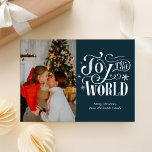 Joy till World Blue Calligraphy Photo Modern Julkort<br><div class="desc">Gå till World Blue Red Guld Calligraphy Photo Modern Helgdag Card. Skicka semesterhälsningar i anpassade och personlig till vänner,  kolleger och familj i enkla,  chic,  elegant och moderna fotodesignkort,  naturliga minimalistiska stil-kort! Under kalligrafin visas anpassningsbar hälsning-meddelandet i modern typografi.</div>
