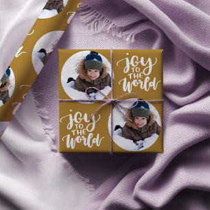 Joy till World Calligraphy Round Photo Guld Presentpapper