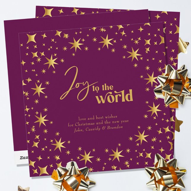 Joy till World Elegant Plum and Guld Stars Julkort (Skapare uppladdad)