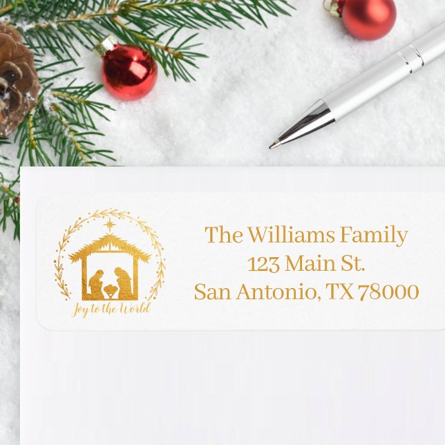 Joy till World Guld Ntivity Returadress Etikett (Gold Nativity Return Address Sticker)