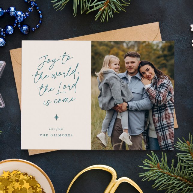 Joy till World Handwrite Religiösa jul Julkort (joy to the world in a handwritten script - 1-photo religious Christmas card)