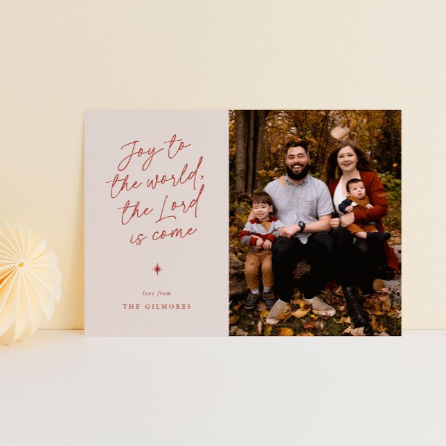 Joy till World Handwrite Religiösa jul Julkort (joy to the world in a handwritten script - 1-photo religious Christmas card)