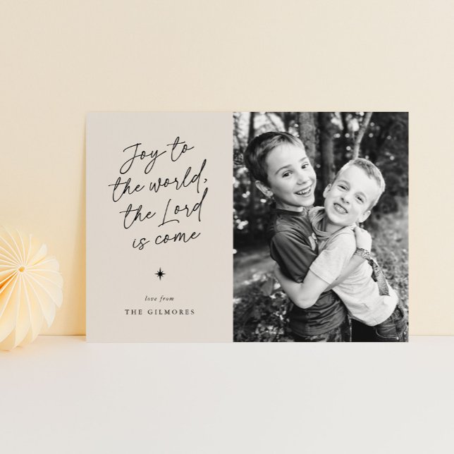 Joy till World Handwrite Religiösa jul Julkort (joy to the world in a handwritten script - 1-photo religious Christmas card)