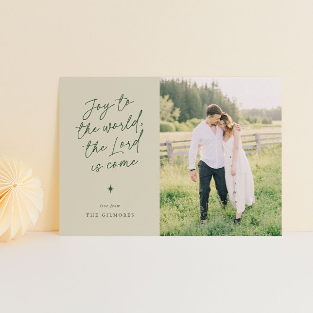 Joy till World Handwrite Religiösa jul Julkort (joy to the world in a handwritten script - 1-photo religious Christmas card)