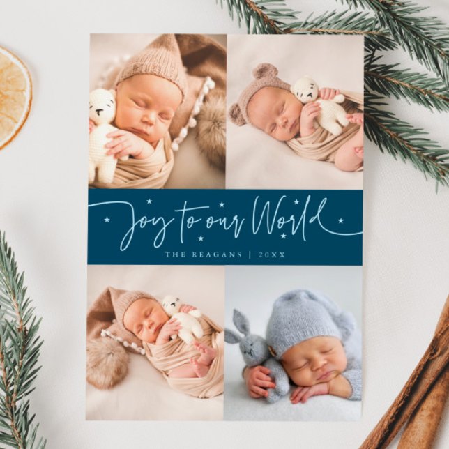 Joy to our World Teal Multi Photo Birth Meddelande (Skapare uppladdad)