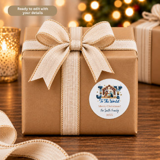 Joy to the World Blue Nativity Scene Personalized Runt Klistermärke