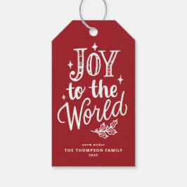Joy to the World Lettering Red Christmas Presentetikett