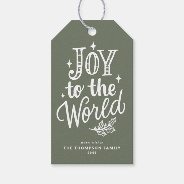 Joy to the World Lettering Taupe Green Christmas Presentetikett (Framsidan)