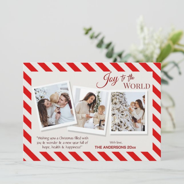 Joy to the world modern 3 family photos cute red julkort (Stående Fram)