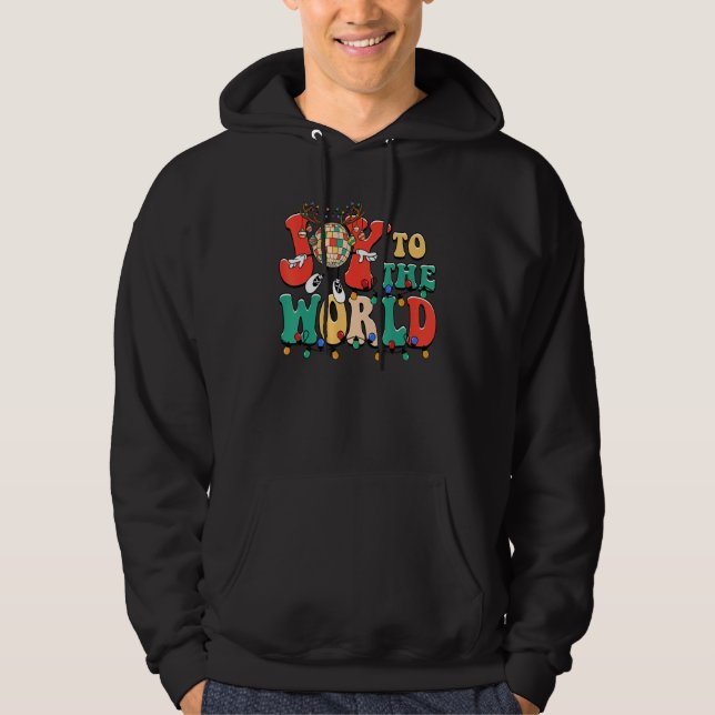 Joy To The World Reindeer Disco Ball Christmas Hol Hoodie (Framsida)
