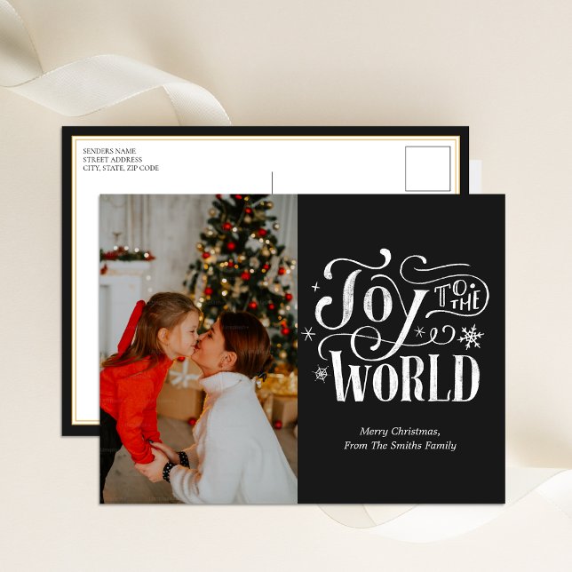 Joy to World Black Calligraphy Photo Modern Helg Vykort (Skapare uppladdad)