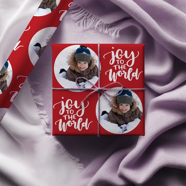 Joy to World Calligraphy Round Photo Red Presentpapper (Photo christmas wrapping paper - Joy to the World)