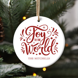 Joy to World Elegant Red Script Christian Julgransprydnad Keramik