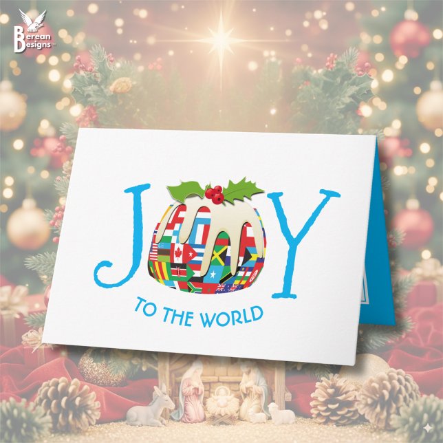 JOY TO WORLD Festive Pudding Kort (Stylish JOY TO THE WORLD Christian Christmas Pudding card w/ customizable text and world flags)