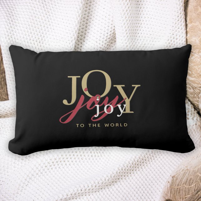 Joy to World Festive Typography Black Lumbarkudde (Skapare uppladdad)