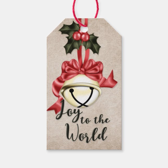 Joy to World | Golden Bell med Red Bow Presentetikett (Framsidan)
