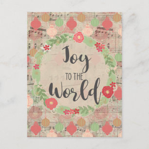 Joy to World jul Music Blommigt Ephemera Vykort