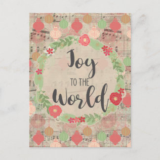 Joy to World jul Music Blommigt Ephemera Vykort