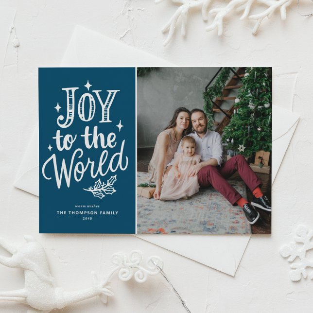 Joy to World jul Sång Blue Photo Helg Vykort (Celebrate the season with this customizable blue "Joy to the World" photo Christmas postcard.)