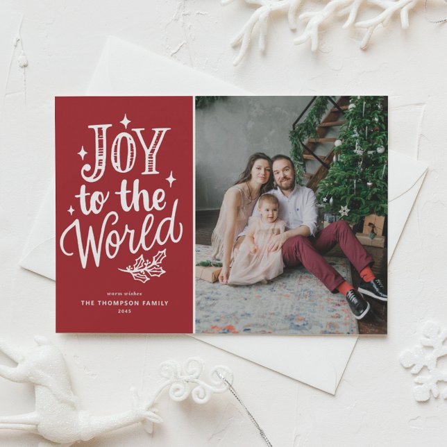 Joy to World jul Sång Red Photo Helg Vykort (Celebrate the season with this customizable red "Joy to the World" photo Christmas postcard.)