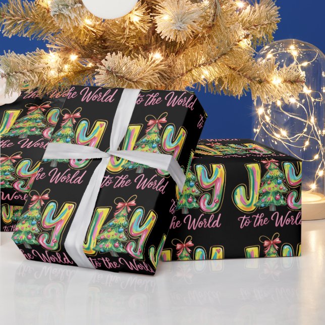 Joy to World Neon Julgran Brushstroke Presentpapper (Helgdagar)