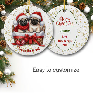 Joy to World Pug Puppies in Basket Julgransprydnad Keramik