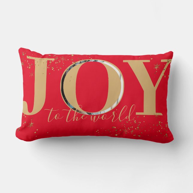 Joy to World Red and Guld Glittery Photo Lumbarkudde (Framsida)