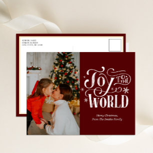 Joy to World Red Calligraphy Photo Modern Helg Vykort