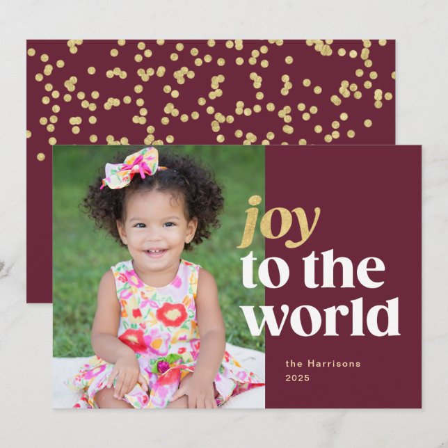 Joy to World Red & Guld Helgdag Photo Card Julkort (Fram/baksida)