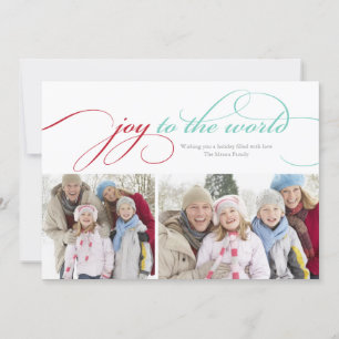Joy to World Script Röd/ljusblå Julkort