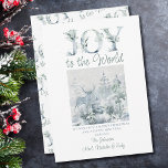 Joy to World Snö Forest Decorative Typography Julkort<br><div class="desc">Personlig vattenfärgssnö-julkort med dekorativa bokstäver i mjuka nyanser av blått och grönt. Ordalydelsen lyder "Joy to the World" och du kan anpassa den återstående texten med ditt eget eller dina kommande hälsning och namn. Färg- och elegant vattenfärgsdesign med ornattypografi.</div>