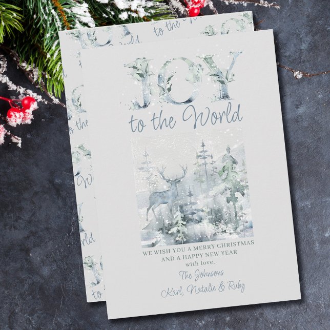 Joy to World Snowy Forest Ornate Typography Julkort (Skapare uppladdad)