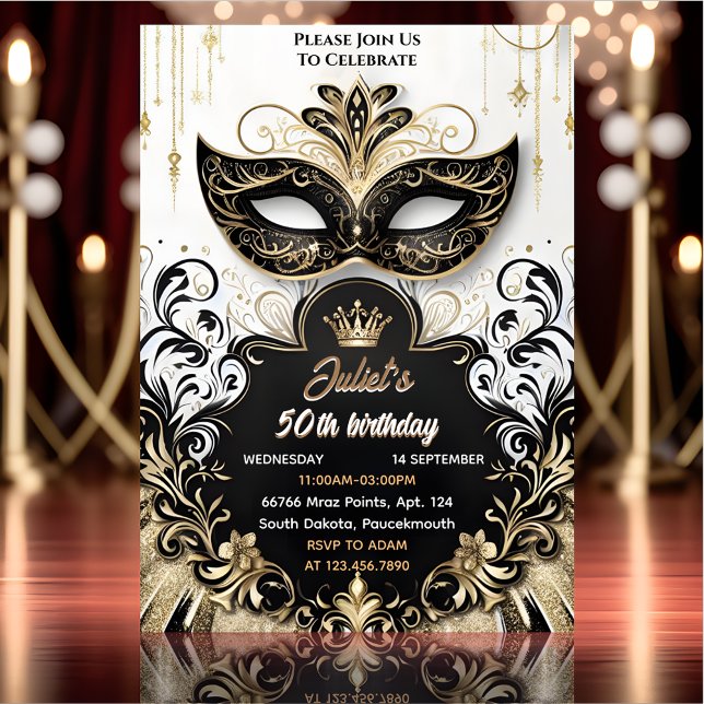 Joy Tutu Black Guld Chic Masquerad 50:e födelsedag Inbjudningar (Skapare uppladdad)