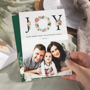 JOY Typografi Poinsettia Blommig Jul Foto Julkort