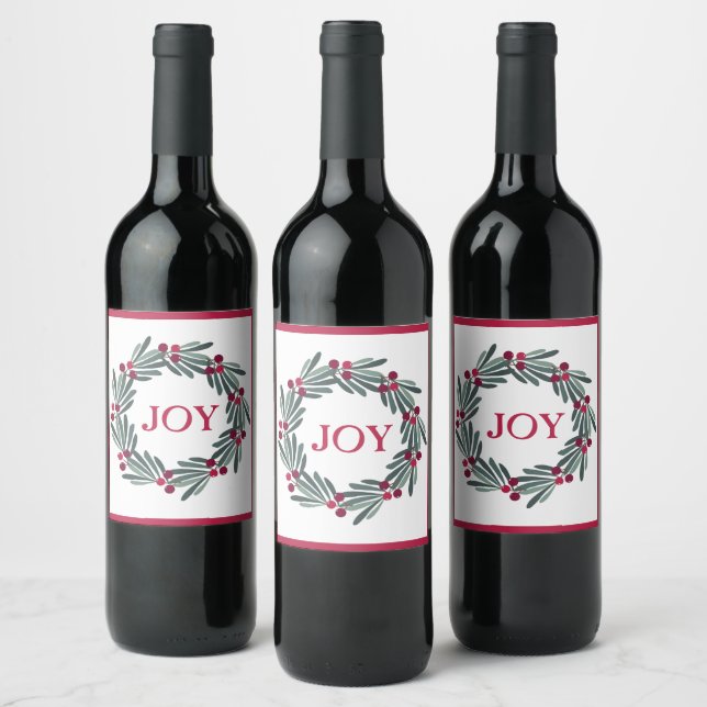 "JOY" Typography Holly Berry Wandan Red Vinflaska Etikett (Flaskor)