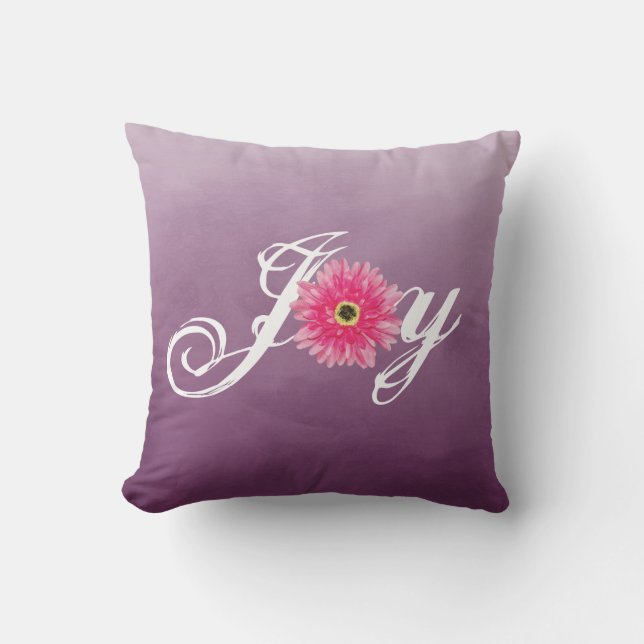 Joy Typography Rosa Gerbera Daisy Flower on Lila Kudde (Framsida)