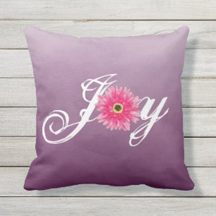 Joy Typography Rosa Gerbera Daisy Flower on Lila Kudde
