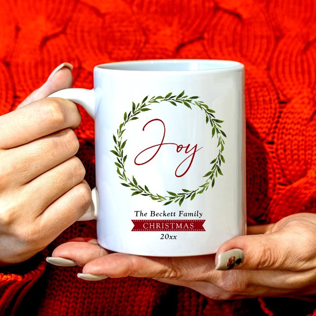Joy Typography Script Christmas Wreath Holiday Kaffemugg (Skapare uppladdad)