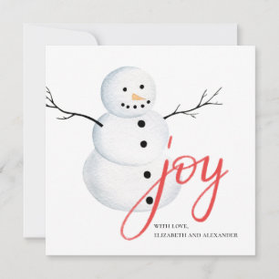 Joy. Vattenfärgad söt jul snögubbe. Röd vit Julkort