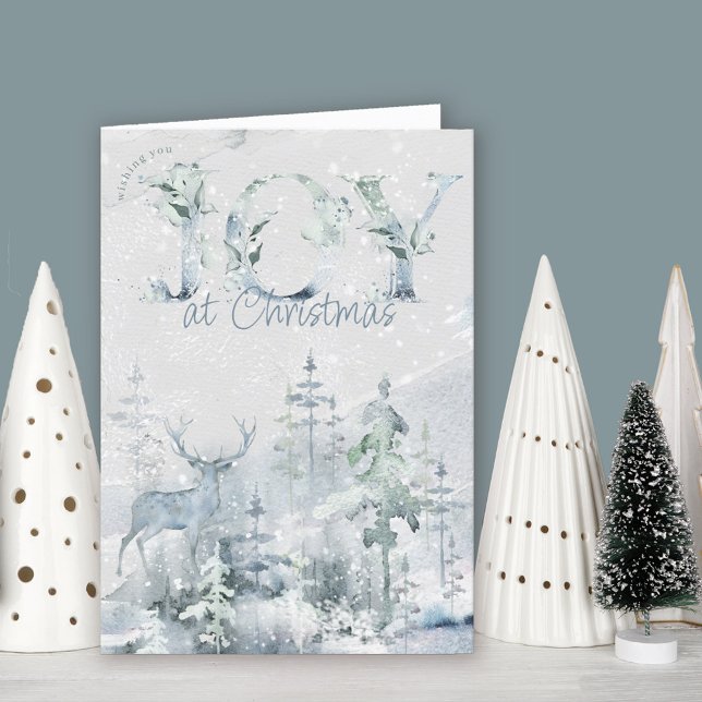 Joy vid jul Watercolor Winter Woodland Helgkort (Joy Christmas Card. Buy professionally printed or as printable digital download.)