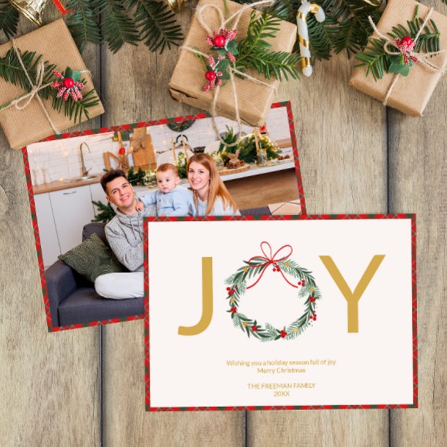 JOY WANAN Photo jul Card med Play Trim Inbjudningar (Joy Typography Christmas Card)