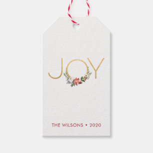 Joy Watercolor Blommigt med Guld Jul Presentetikett