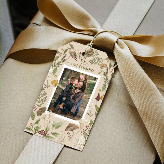 Joy Watercolor Woodsy Woodland Mushroom Photo Presentetikett (Joy Watercolor Woodsy Woodland Mushrooms Photo Gift Tags)