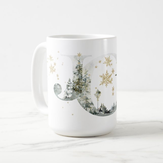 Joy Winter Forest Lettering Guld Snöflingor Kaffemugg (Framsida vänster)