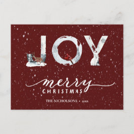 JOY Winter Snö Overlay i Modern Red Elegant Script Helg Vykort