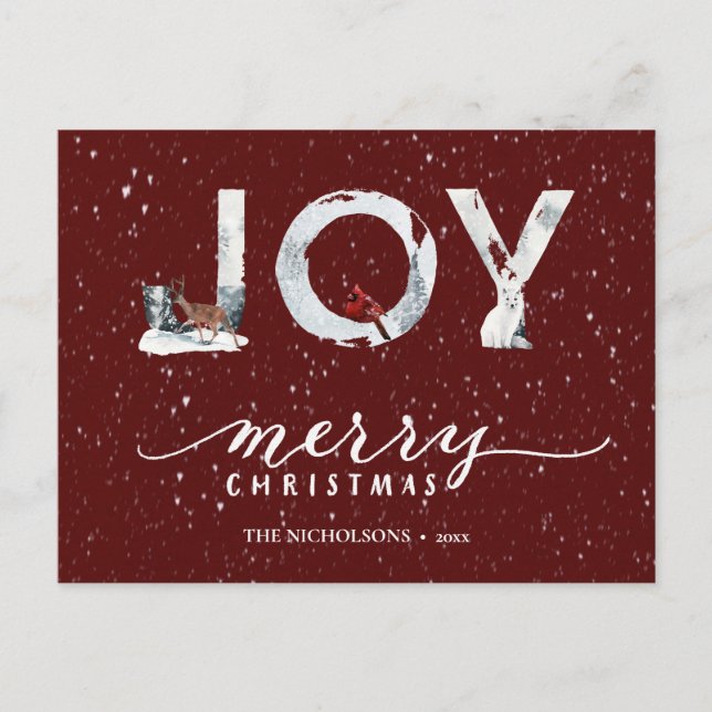 JOY Winter Snö Overlay i Modern Red Elegant Script Helg Vykort (Framsida)