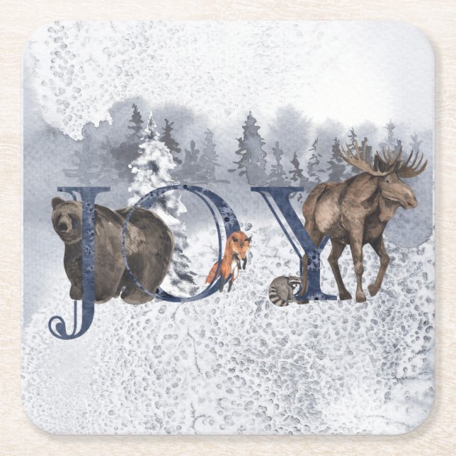 Joy Woodland Animal Winter Snö Helgdag Underlägg Papper Kvadrat (Framsidan)