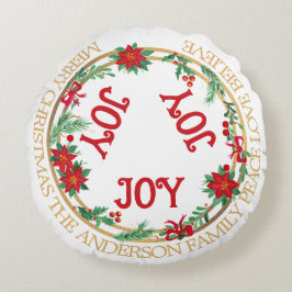 Joy Wreath Red Green Gold Vintage Merry Christmas Rund Kudde